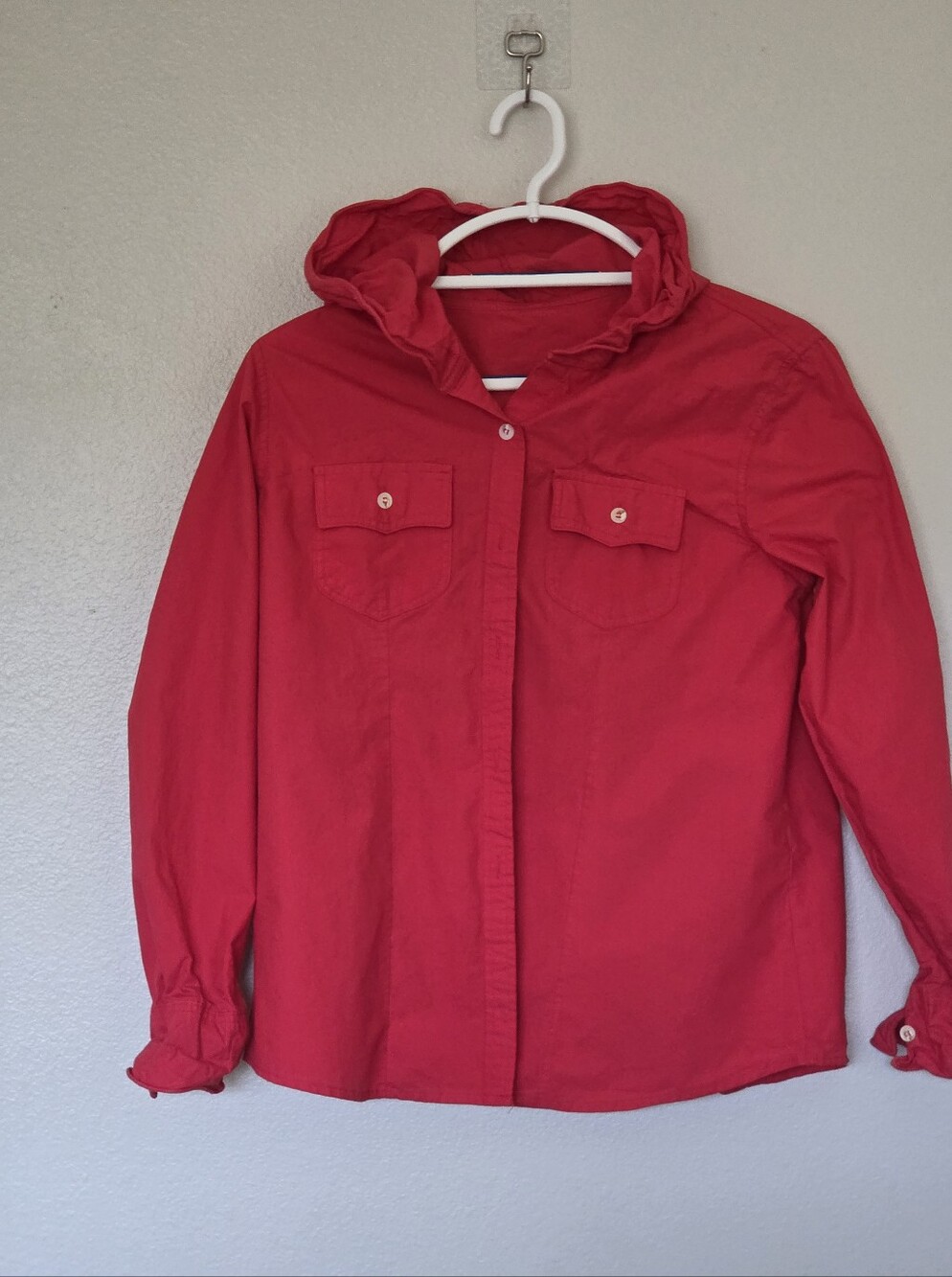 Red Hooded Button-Up Shirt Jacket